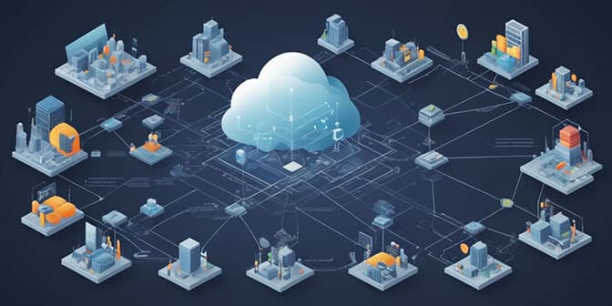 A detailed schematic of a microservices system, showing various interconnected services and databases, with a central cloud infrastructure.