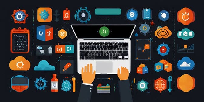 Illustration of a developer's laptop surrounded by various technical skill icons viewed from the top.